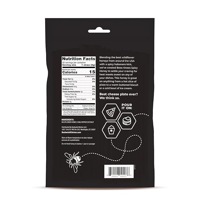 Bees Knees Spicy Raw Honey Sticks, 50 Count of Raw Honey Sticks for Tea, Made in the USA, Sweet with a Kick, Pure & All Natural, Unfiltered & Gluten Free, 50 Straws