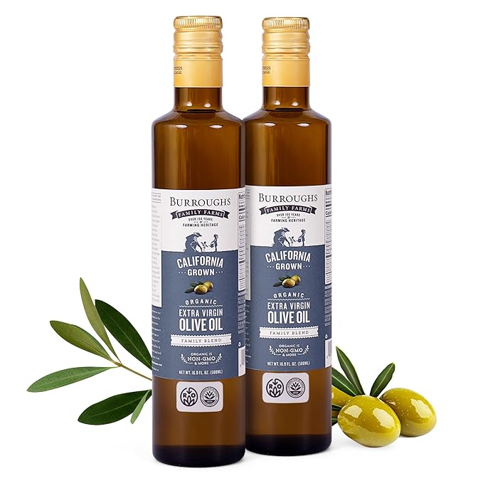 Burroughs Family Farms Premium Organic Extra Virgin Olive Oil ??Cold-Pressed California EVOO, Polyphenol Rich Family Blend ??Regenerative Organic & USDA Certified, Non-GMO, Gluten-Free ??500ml (16.9 fl oz) 2 Glass Bottle