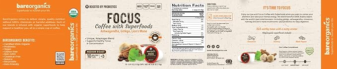 BareOrganics Focus Coffee Pods With Superfoods & Probiotics | Compatible | USDA Certified Organic, Vegan, Non-GMO & Recyclable Single Serve 10ct (Pack of 6)