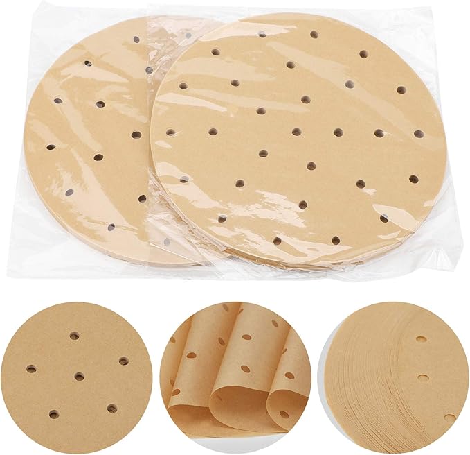 Beasea Air Fryer Parchment Paper 8 Inch, 200pcs Unbleached Fryer Disposable Paper Liners Round Air Fryer Filter Paper Perforated Parchment Paper Bamboo Steamer Papers for Air Fryer and Steaming Basket