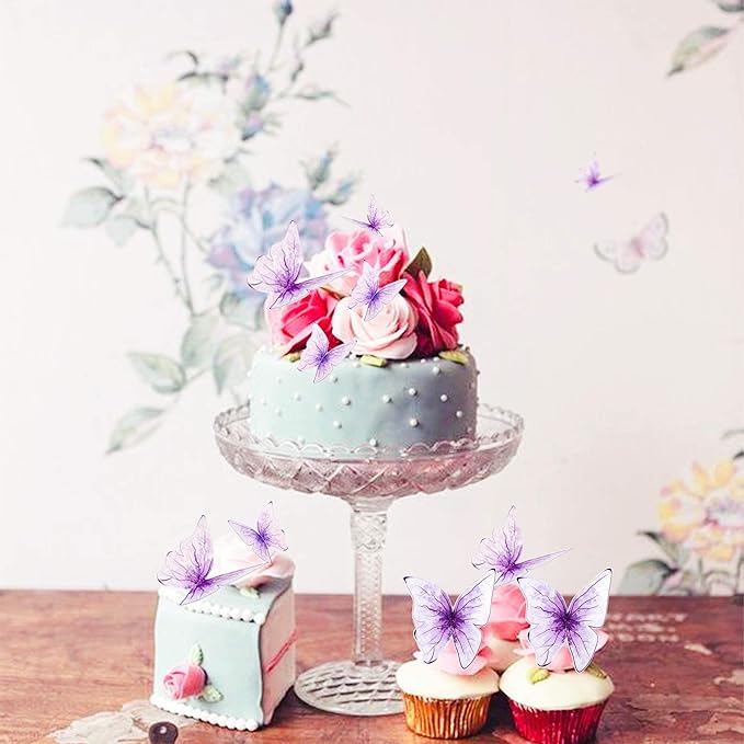 30pcs Purple Mixed Size Lively 3D Waterproof Butterfly Cupcake Topper for Girls Women's Happy Birthday Wedding Party Cake Wall Party Food Decorations