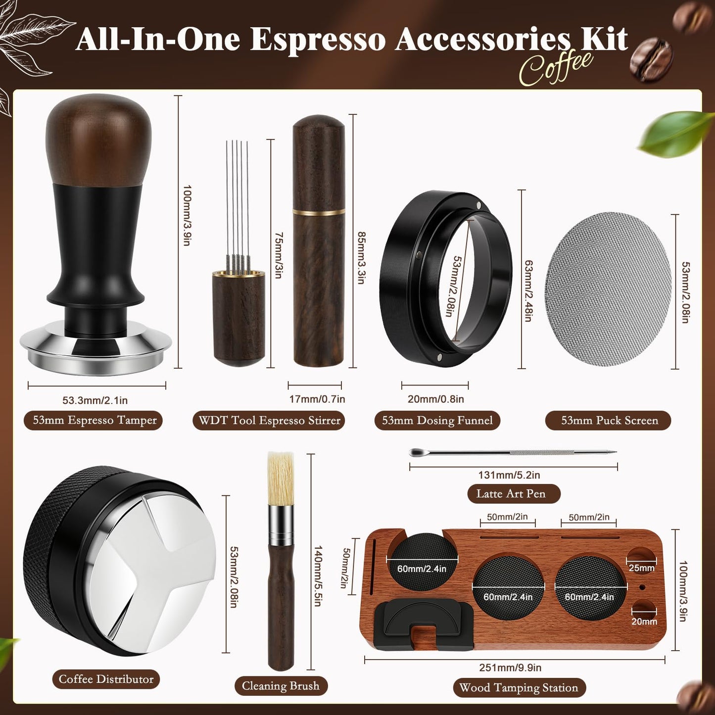 8 PCS Espresso Accessories Kit, 53.3mm Espresso Tamper Kit Coffee Tamper Set with Coffee