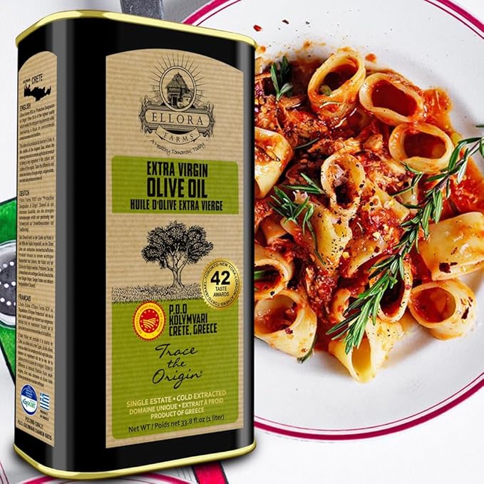 Ellora Farms, Greek Extra Virgin Olive Oil, Gold Award Winner, Single Estate traceable olive oil, 33.8 oz. Tin and 8.45 oz. Glass bottle, Combo Pack