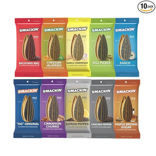 SMACKIN' Sunflower Seeds, No Salty Burn, Roasted Jumbo Small-Batch, American Made - 10 Flavor Variety. 1.5oz bags (10 Bags)