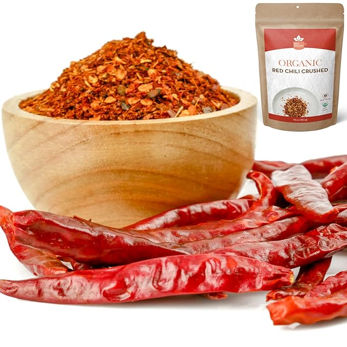 SPICY ORGANIC Crushed Red Pepper Flakes 8 oz. - Robust Chili Peppers Seasoning Spice - USDA Organic, Kosher, Non-GMO- Ideal for Pizza, Pastas, Salads, Sauces, Stews, Marinades and Pickled Vegetables
