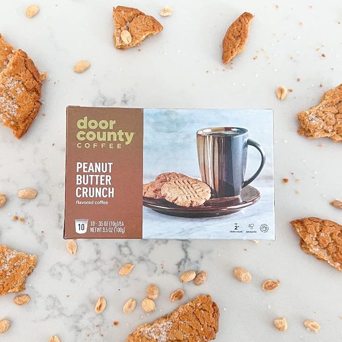 Door County Coffee Peanut Butter Crunch Flavored Ground | 30 Count Single Serve Cups | Medium Roast | 100% Specialty Arabica | Flavored Gourmet | Peanut Butter Flavored