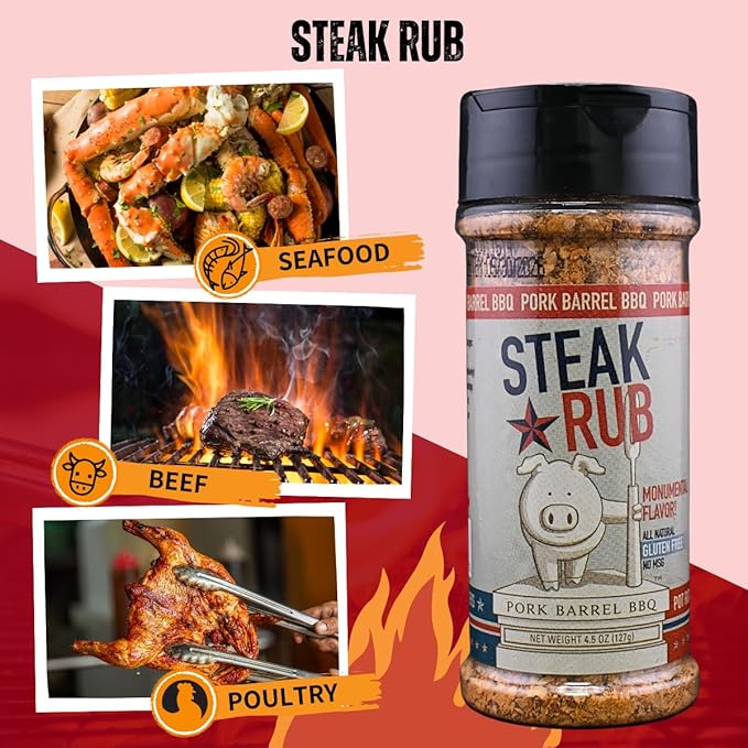 Pork Barrel BBQ Steak Spice Rub | Premium All-Purpose Seasoning, No MSG, Gluten-Free, Zero Calorie | Grill Seasoning for Beef, Steak, Burgers, Pork, and Chicken, 4.5 oz