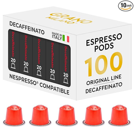 Grano Milano - Aluminum Coffee Pods Compatible with Nespresso®* Original Line Machines (Decaffeinato., 100 Pods)