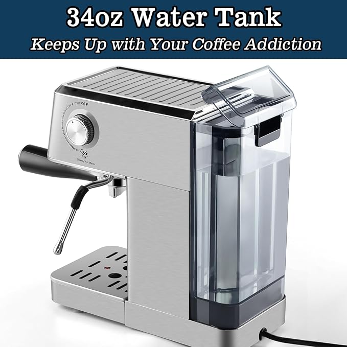 CUSIMAX Espresso Machine 20Bar Compact Espresso Maker with Powerful Steam Wand for Latte & Cappuccino, Stainless Steel Coffee Machine with 34oz Remevable Water Tank