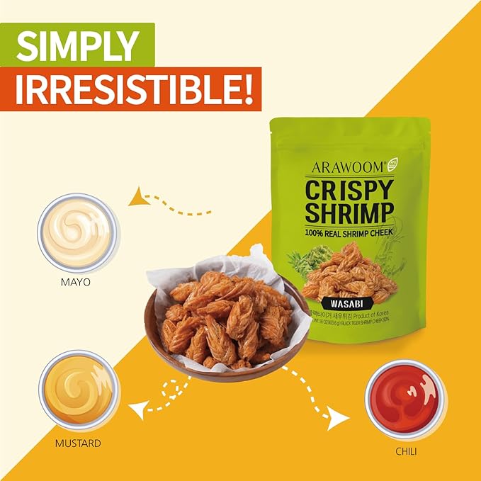 ARAWOOM - 100% Real Black Tiger Shrimp Head Crisps, Wasabi Pack [16oz, Pack of 1], Crispy Seafood Snack, High-Protein Crunch, Crunchy On-the-Go Treat