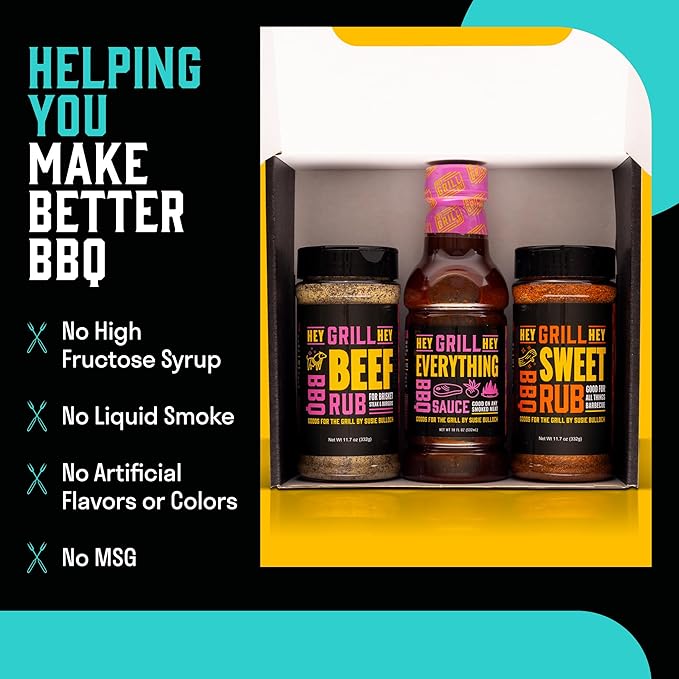 Hey Grill Hey | BBQ Seasoning and Barbeque Sauce Gift Set | Seasoning Set | Beef Rub, Sweet Rub, Everything Barbecue Sauce | Backyard BBQ Hero Trio