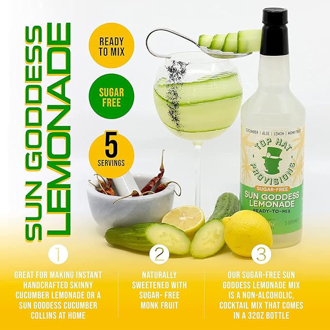 Top Hat Keto Sugar Free Cucumber Lemonade Mix - Naturally Sweetened with Monk Fruit - Craft Mixer for Skinny Margarita Cocktail Drinks - 32oz Bottle