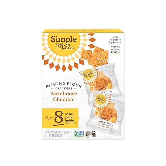 Simple Mills Almond Flour Crackers Snack Packs, Farmhouse Cheddar, Gluten Free, Flax Seed, Sunflower Seeds, Corn Free, Good for Snacks, 6.5 oz, Pack of 1 (8 Bags per Box)