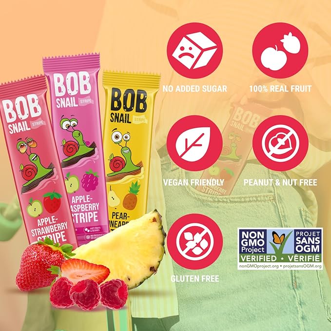 BOB SNAIL Healthy Organic Fruit Snacks for Kids and Adults ??30 Organic Fruit Leather Snacks with Strawberry, Raspberry, Pineapple ??Vegan Low-Carb Variety Pack Strips for Kids ??Sugar Free Jerky Bars
