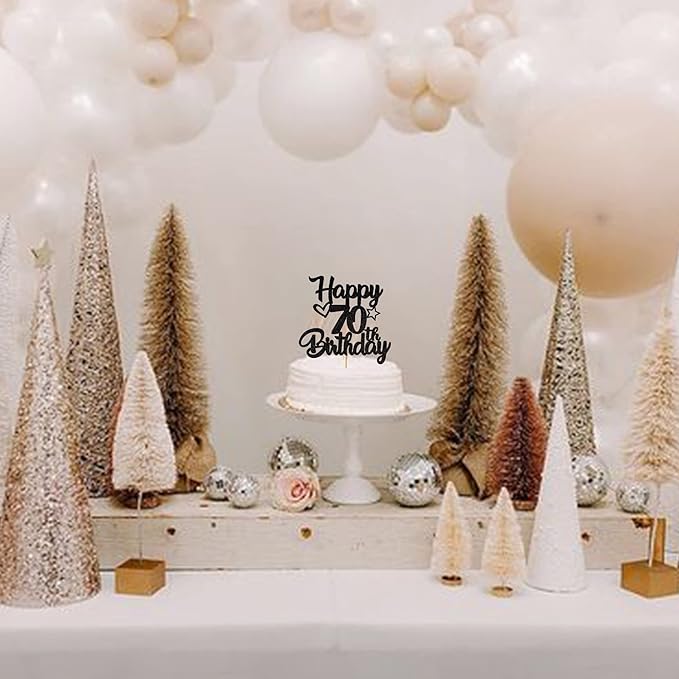 1 Pack Happy 70th Birthday Cake Topper Glitter Heart Star 70 Fabulous Cake Pick Birthday Sign Cake Decorations for Children 70th Birthday Theme Party Supplies Black