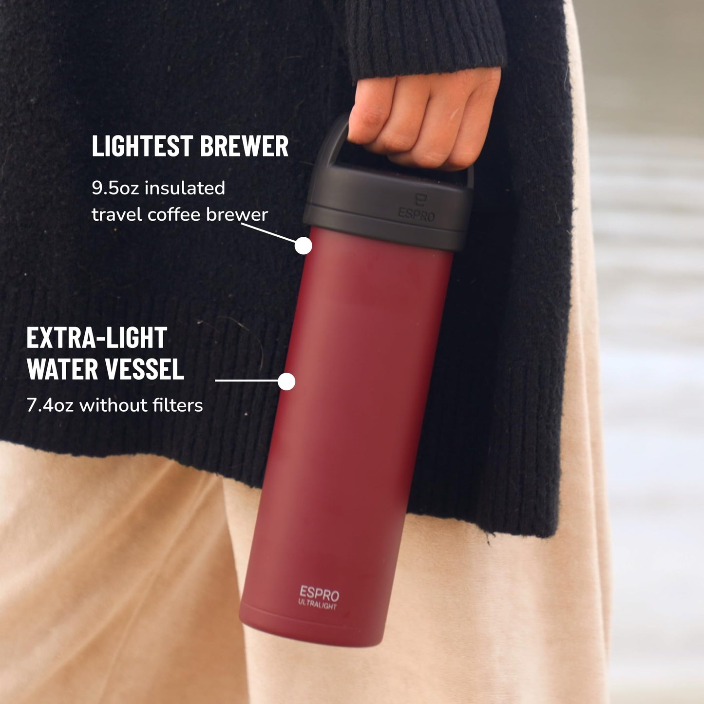ESPRO Go P0 Ultralight French Press Coffee Maker for Travel, Vacuum Insulated Stainless Steel, 16