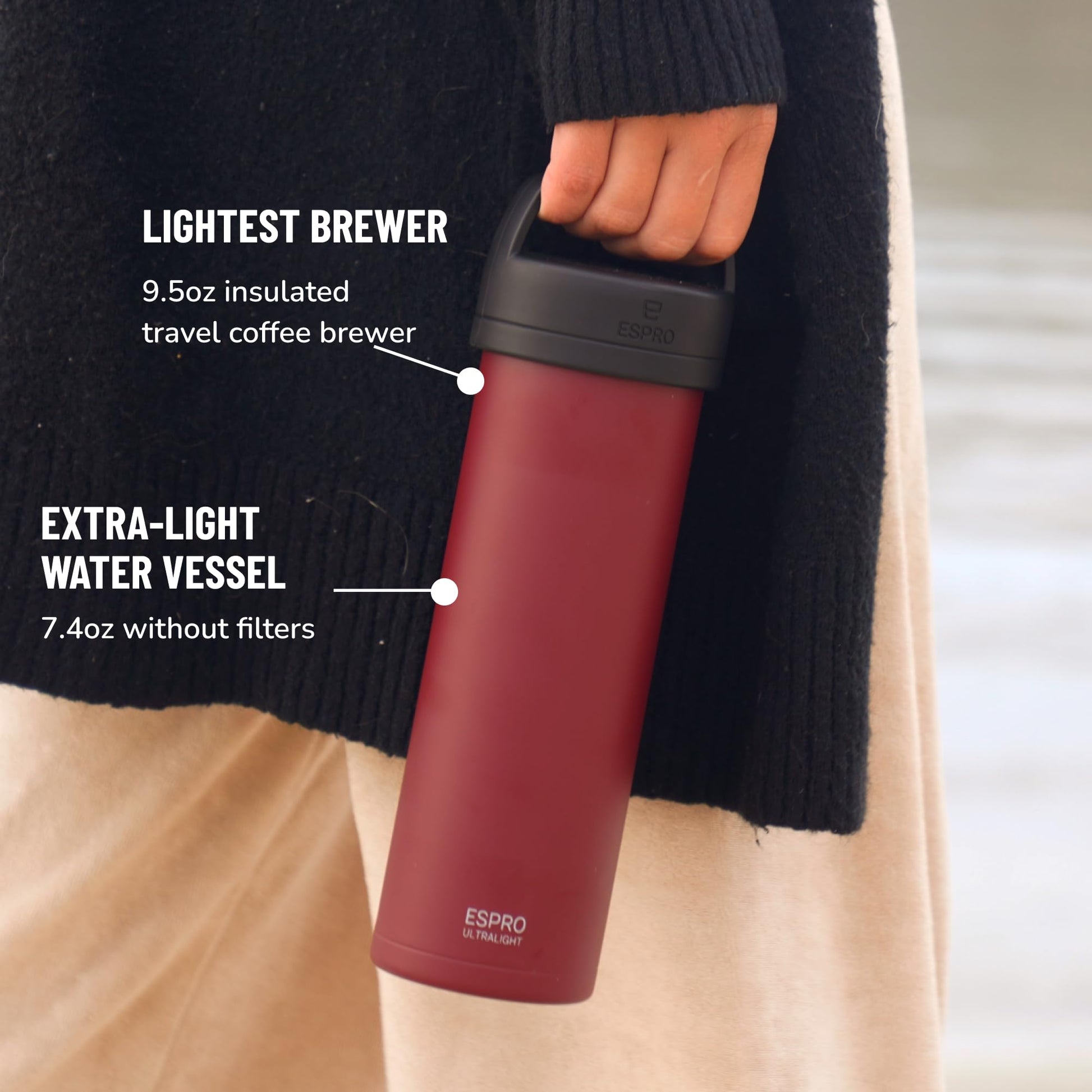 ESPRO Go P0 Ultralight French Press Coffee Maker for Travel, Vacuum Insulated Stainless Steel, 16