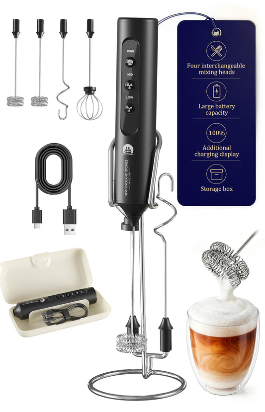 Rechargeable Milk Frother with Stand, 4 Interchangeable Whisks & Travel Case – Handheld Mixer for
