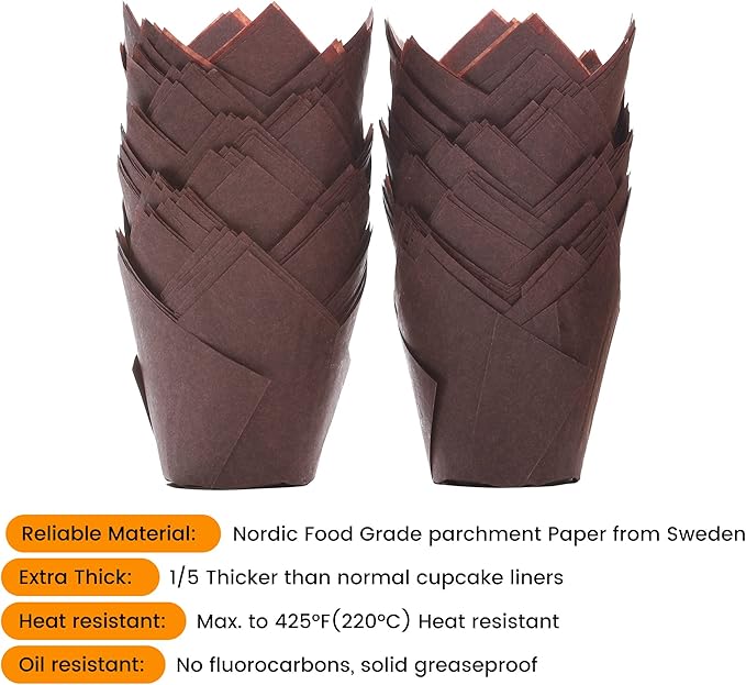 Nordic Paper 200pcs Brown Tulip Cupcake Liners for Baking Cups, Standard Size, EU Parchment paper Tulip Muffin Liners, Cupcake Wrapper, Christmas