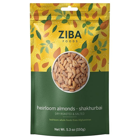 Ziba Foods Heirloom Shakhurbai Almonds | Dry Roasted & Salted | Non-GMO, Vegan, Gluten Free Snack, Nuts | Heirloom, Warm & Nutty | Healthy, Delicious Snack, 5.3 oz