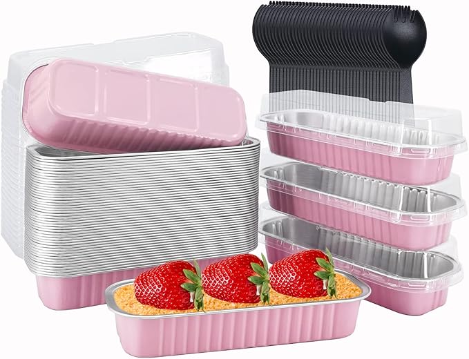 LNYZQUS Mini Loaf Pans With Lids 50 Pack, 6.8oz Rectangle Aluminum Foil Baking Pans Tins Containers,Disposable Ramekins Baking Cups Muffin Tins Cupcake Cups For Mini Cake Bread Loaf -Pink