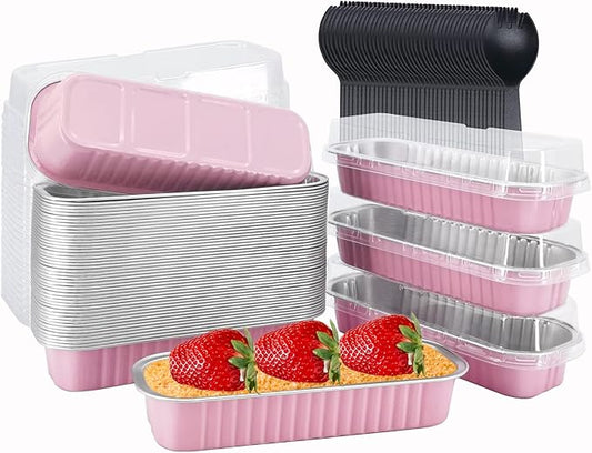 LNYZQUS Mini Loaf Pans With Lids 50 Pack, 6.8oz Rectangle Aluminum Foil Baking Pans Tins Containers,Disposable Ramekins Baking Cups Muffin Tins Cupcake Cups For Mini Cake Bread Loaf -Pink