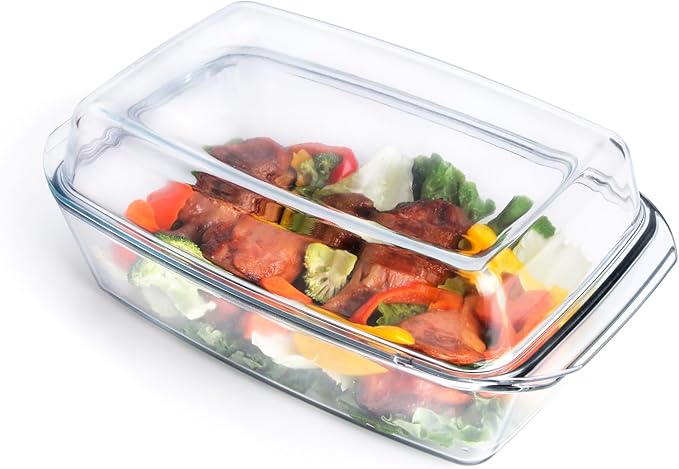 Rectangular Tempered Glass Casserole Dish with Glass Cover - Oven, Freezer and Dishwasher Safe - 3 Liter