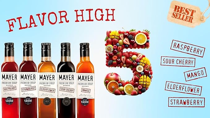 Mayer Hungarian Syrup 5-Flavor Variety Pack ??Award-Winning Artisan Fruit Syrups (Raspberry, Mango, Elderflower, Sour Cherry, Strawberry), All-Natural, No Artificial Additives, 5 × 16.9oz Bottles.