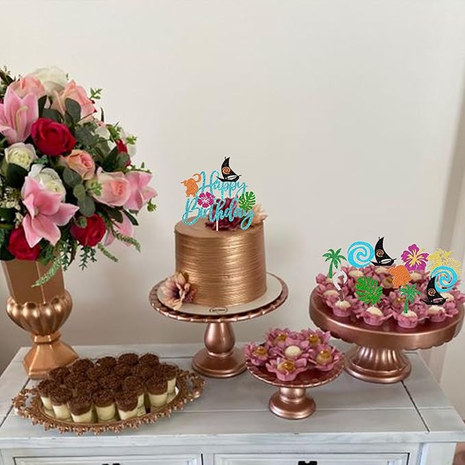 25 Pack Moana Cake Toppers Glitter Palm Leaf Moana Cake Picks The Sea is Calling Hawaiian Tropical Cupcake Decorations for Luau Summer Baby Shower Birthday Party Supplies Blue