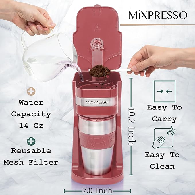 Mixpresso Red Personal Single Serve Coffee Maker with 14oz Travel Mug, Drip Small Coffee Maker with Auto Shut Off, Reusable Filter, Works with Ground Coffee Only ??Not for K-Cup Pods