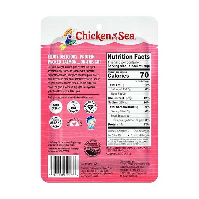 Chicken of the Sea Alaskan Pink Salmon in Spring Water, Wild Caught, Skinless & Boneless, 2.5 oz. Packet (Box of 6)