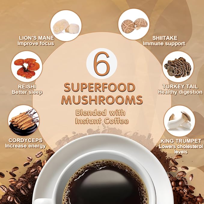 Mushroom Coffee, 6 Adaptogenic Mushrooms with Lion's Mane, Cordyceps, Turkey Tail & More, Instant Mushroom Coffee for Focus, Energy, Immune & Digestion Support