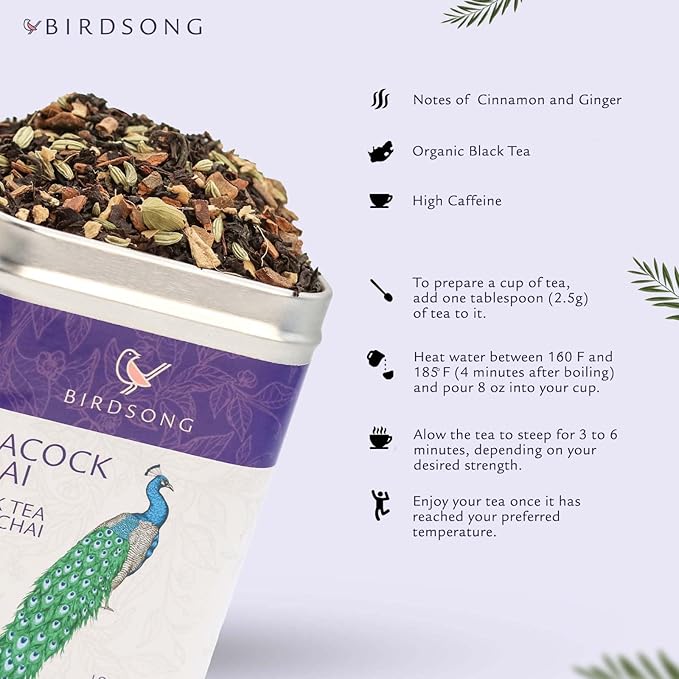 Birdsong Peacock Chai- Organic Black Tea with Assam Chai Spices, Caffeinated English Breakfast Tea with Cardamom, Ginger, and Cinnamon Notes, 100% Natural Sweet 18 Plant-Based Pyramid Tea Bags
