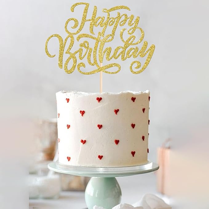 Rsstarxi 1 Pack Golden Glitter Happy Birthday Cake Topper Birthday Cake Pick Men Women Birthday Cake Decorations for Happy Birthday Theme Anniversary Party Cake Decorations