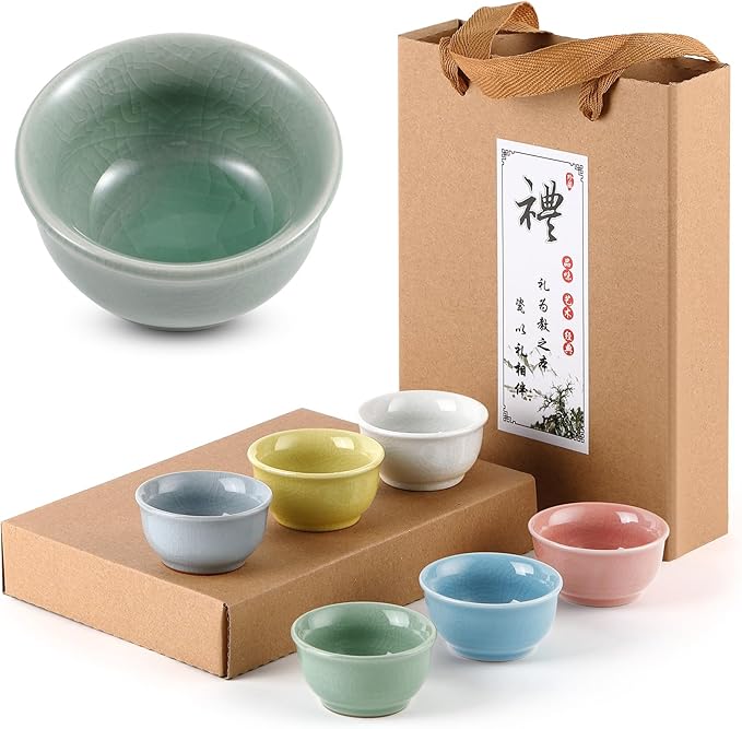Skyley 6 Pieces Korean Soju Shot Glasses Sets Porcelain Cups Korean Ceramic Cups Tea Accessories Drinkware, Handcrafted Ceramic (Morandi,Classic Pattern)