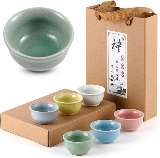 Skyley 6 Pieces Korean Soju Shot Glasses Sets Porcelain Cups Korean Ceramic Cups Tea Accessories Drinkware, Handcrafted Ceramic (Morandi,Classic Pattern)