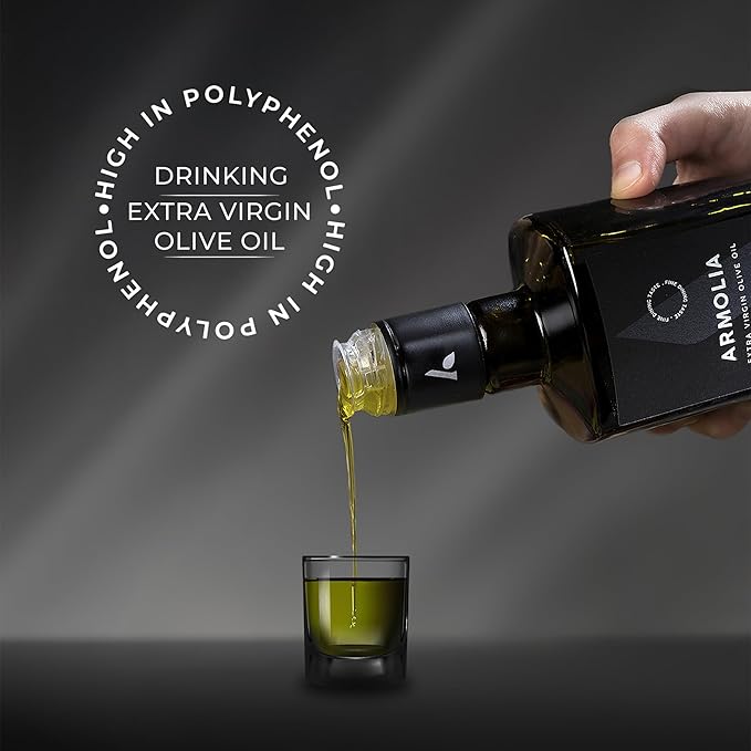ARMOLIA Pure Olive Oil Extra Virgin Cold Pressed Glass Bottle, EVOO 2025 Gold Award Winner Drinking Polyphenol Rich Olive Oil Early Harvest, High Polyphenol (<400 mg/kg) Low-Acidity (0.14%), Hand Picked (500ml)