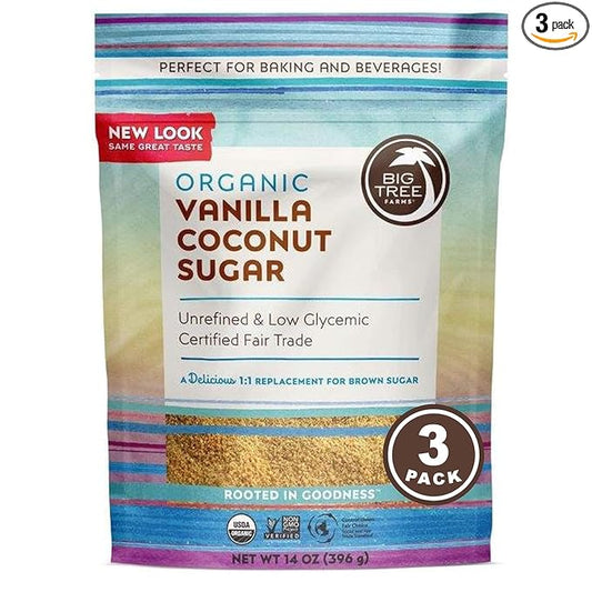 Big Tree Farms Organic Vanilla Coconut Sugar - Coconut Palm Sugar, Unrefined, Fine Crystals, Cane Sugar Replacement, Coconut Blossom Nectar, Vegan, Perfect for Baking - 14 Oz (Pack of 3)
