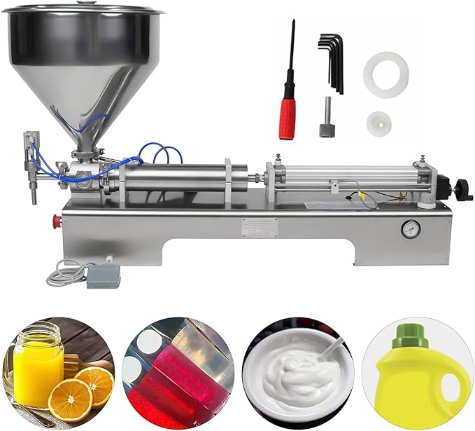 110V Horizontal Pneumatic Paste Filling Machine, 40L Semi-Automatic Paste Liquid Filling Machine with 40L Hopper, Pneumatic Dual-Use Paste Filling Machine for Cream Shampoo Liquids