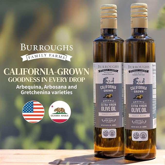 Burroughs Family Farms Premium Organic Extra Virgin Olive Oil ??Cold-Pressed California EVOO, Polyphenol Rich Family Blend ??Regenerative Organic & USDA Certified, Non-GMO, Gluten-Free ??500ml (16.9 fl oz) 2 Glass Bottle