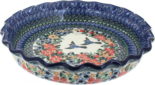 Blue Rose Polish Pottery - Blue Maria Pie Plate - 10" Diameter - Ceramic Baking Dish, For Pies, Quiches & Desserts