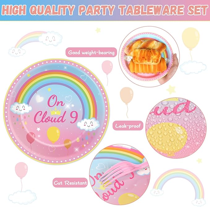96 Pcs On Cloud 9 Birthday Decorations for Girls On Cloud 9 Party Plates and Napkins Supplies 9th BirthdayTableware Set Rainbow Themed Party Favors Serves 24 Guests
