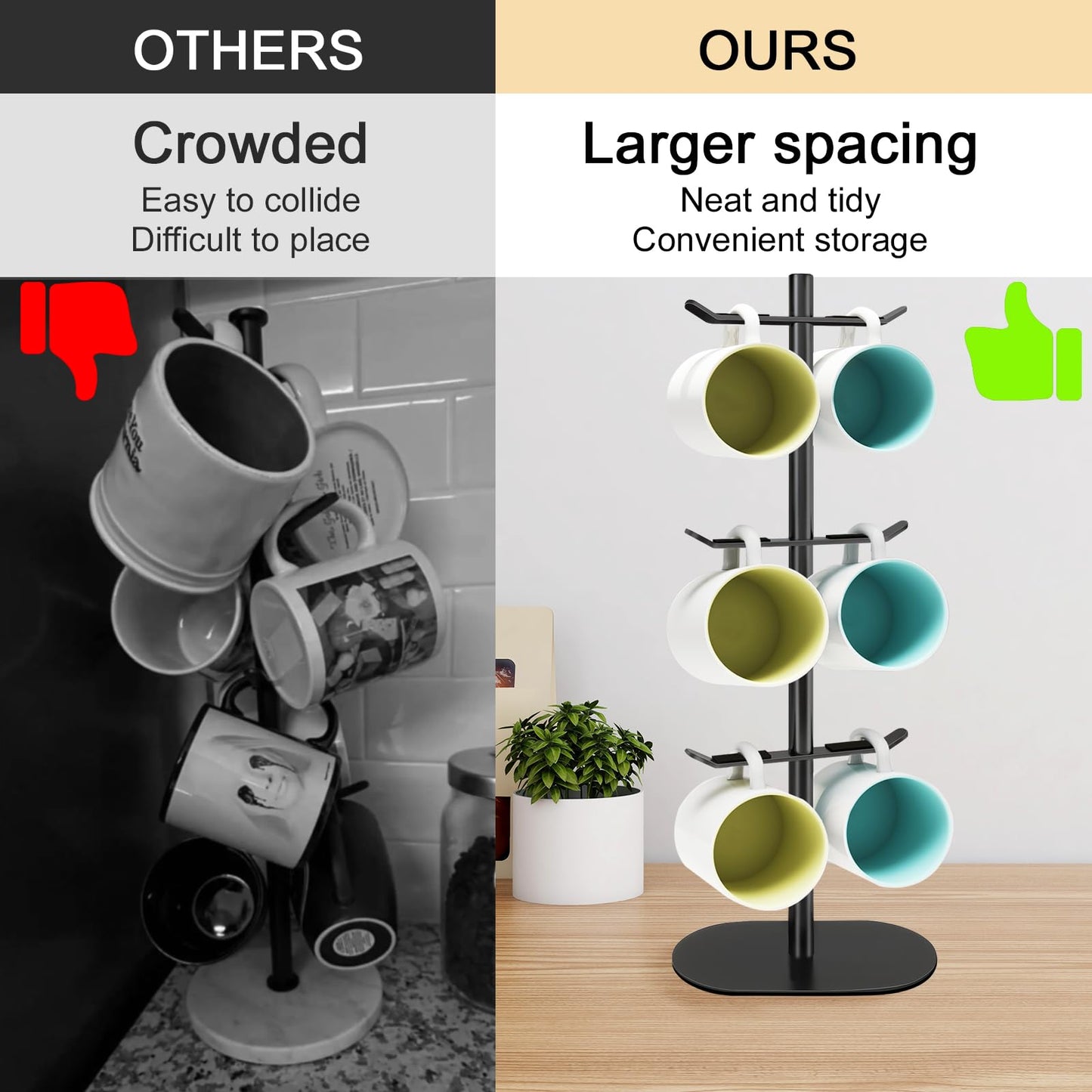 XEENEW Cup Holder Tree with 6 Hooks, Metal Coffee Mug Rack Stand (Black)