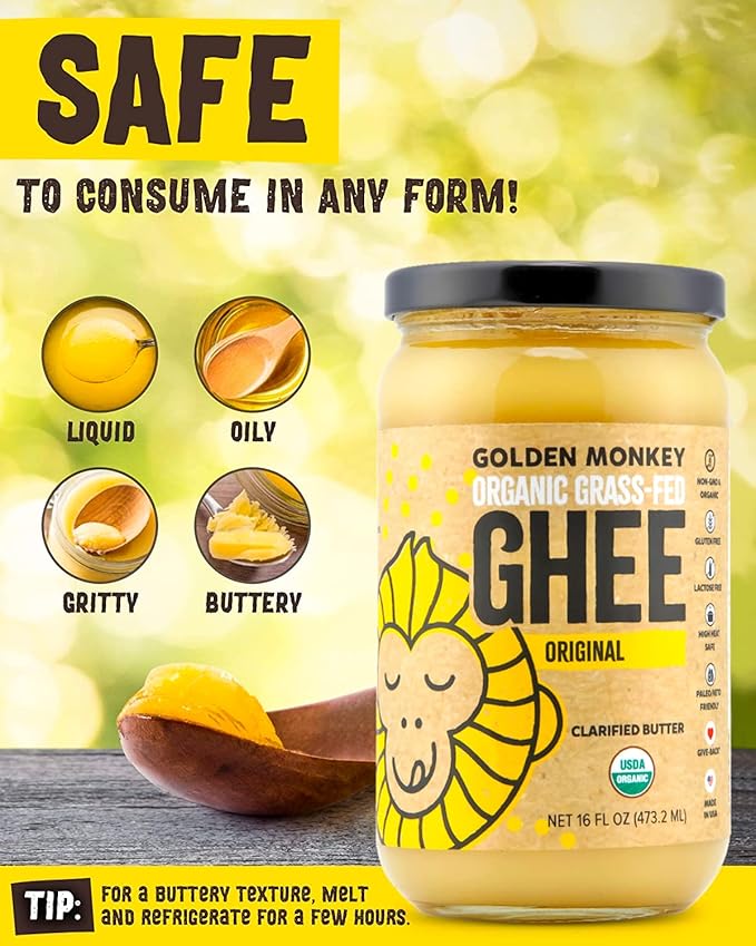 GOLDEN MONKEY Organic Ghee Butter ??Grass Fed Clarified Butter for Cooking, Baking, Keto & Gut Health ??Ghee Butter Organic Grass Fed from Small Farms ??Smooth Spread with High Smoke Point (16oz)