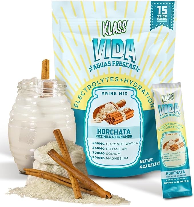 KLASS VIDA Electrolyte Drink Mix ??Horchata Agua Fresca Flavor | Sugar-Free Hydration Powder with Coconut Water & Minerals | 15 Single-Serve Stick Packs in Resealable Pouch, Low Calorie, Natural Flavor