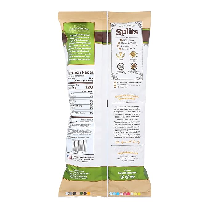 Unique Snacks Multi-Grain Splits Pretzel, Delicious Homestyle Baked Snack Bag, Vegan, OU Kosher, and Non-GMO Food, No Artificial Flavor, 11 Oz. Bag, Pack of 12