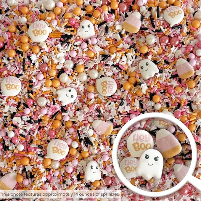 Sprinkle Pop Boo Bash Sprinkle Mix| Orange Pink White Sprinkles with ~12 Ghost Shapes, Candy Corn & Hey Boo Royal Icing| Halloween Sprinkles Made in USA for Decorating Cakes Cupcakes Cookies, 4oz