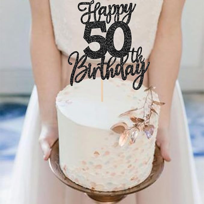 1 PCS Happy 50th Birthday Cake Topper Glitter Cheers to 50 Years Birthday Cake Pick Fifty Hello 50 Fabulous Cake Decoration for Happy 50th Birthday Anniversary Party Decorations Supplies Black