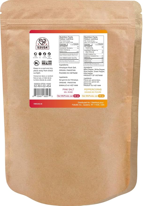 52USA Rainbow Peppercorn Blend 12oz + Himalayan Pink Salt Coarse 2 lb (Pack of 2), Kosher, Packed to Keep Pepper Fresh, Salt and Peppercorns for Grinder Refill