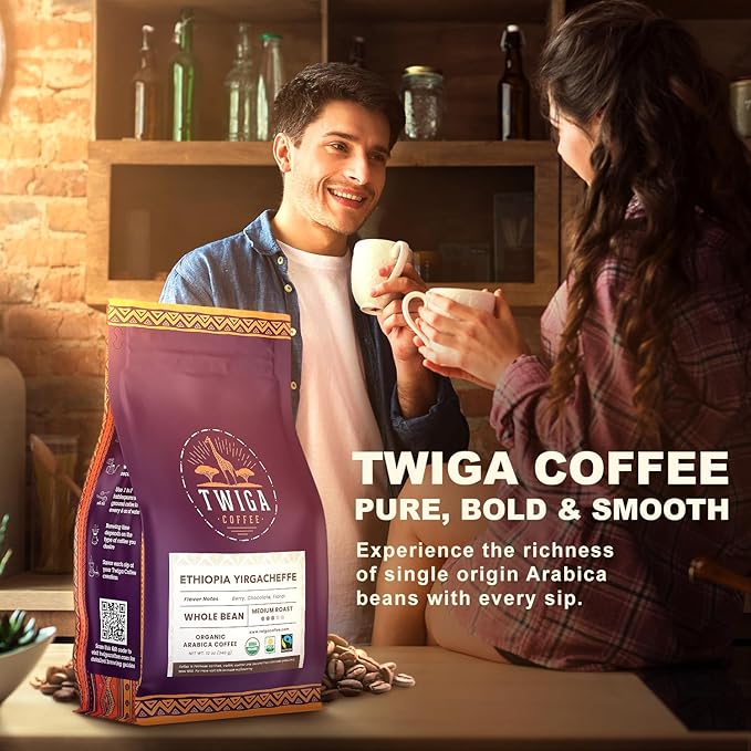 Twiga Coffee Ethiopian Coffee Beans - Ethiopian Yirgacheffe Whole Bean, Organic Medium Roast Arabica with Rich Berry, Chocolate & Floral Flavor Notes, Single Origin, Fresh Roasted in Ethiopia, 12 oz